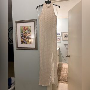 Ivory White Beaded Halter Neck Maxi Formal Gown Evening Dress sz XS Small